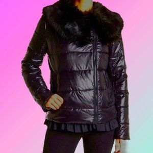 BETSEY JOHNSON Black Puffer Coat Asymmetrical Fur Collar Ribbon Hemline Sz L /M